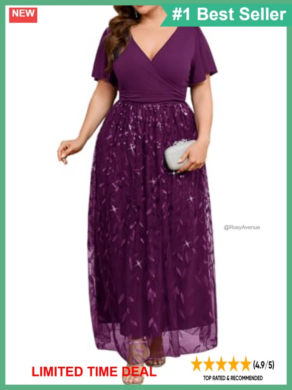 Plus Size Sequin Tulle A-Line Formal Prom Maxi Dress V-Neck Ruffle Sleeve